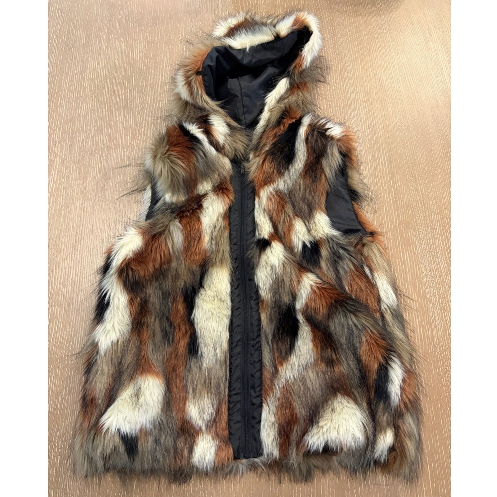 American Eagle Women's Small Multicolor Faux Fur Hooded Zip Vest Y2K Style EUC